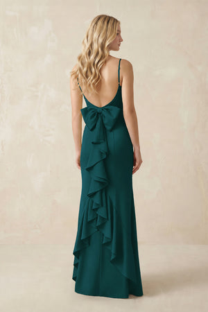 Cami Strap Ruffled Satin Bridesmaid Dress With Bow in Pine (2) | KISSBRIDAL