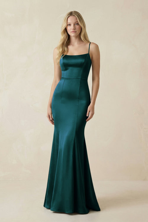Cami Strap Ruffled Satin Bridesmaid Dress With Bow in Pine - KISS BRIDAL Bridesmaid Dresses