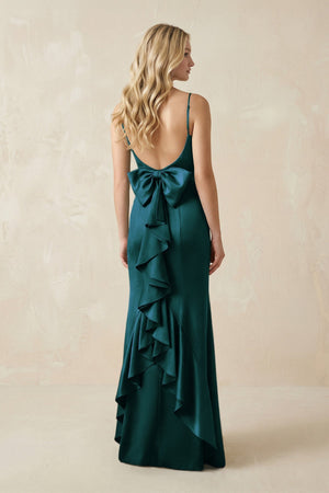 Cami Strap Ruffled Satin Bridesmaid Dress With Bow in Pine - KISS BRIDAL Bridesmaid Dresses