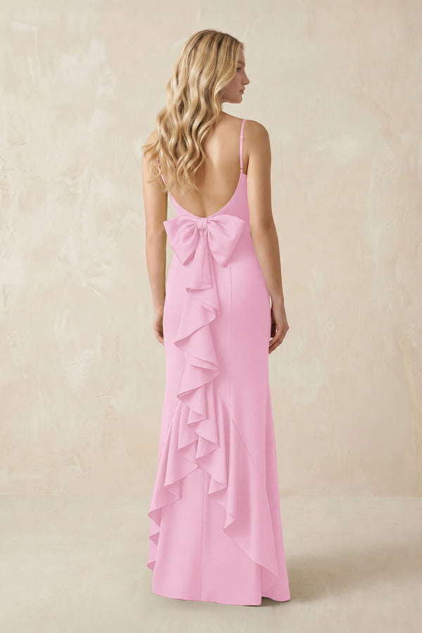 Cami Strap Ruffled Satin Bridesmaid Dress With Bow in Pink (2) | KISSBRIDAL