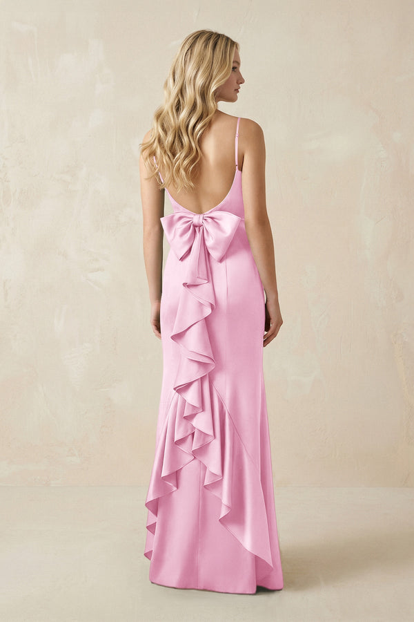 Cami Strap Ruffled Satin Bridesmaid Dress With Bow in Pink - KISS BRIDAL Bridesmaid Dresses