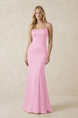 Cami Strap Ruffled Satin Bridesmaid Dress With Bow in Pink | KISSBRIDAL