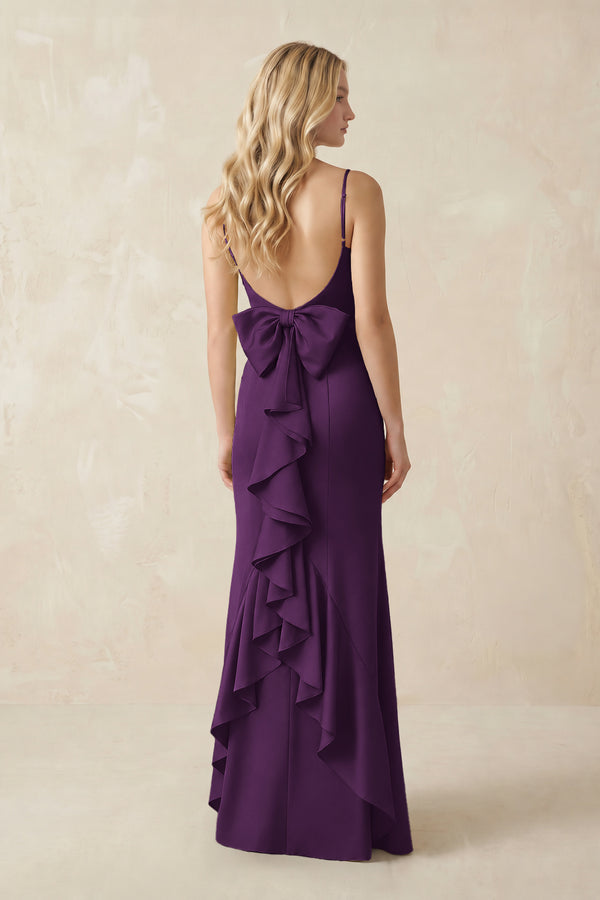 Cami Strap Ruffled Satin Bridesmaid Dress With Bow in Plum (2) | KISSBRIDAL