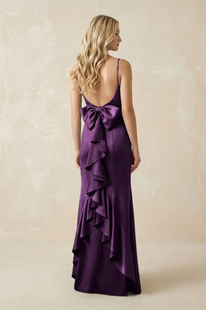 Cami Strap Ruffled Satin Bridesmaid Dress With Bow in Plum - KISS BRIDAL Bridesmaid Dresses