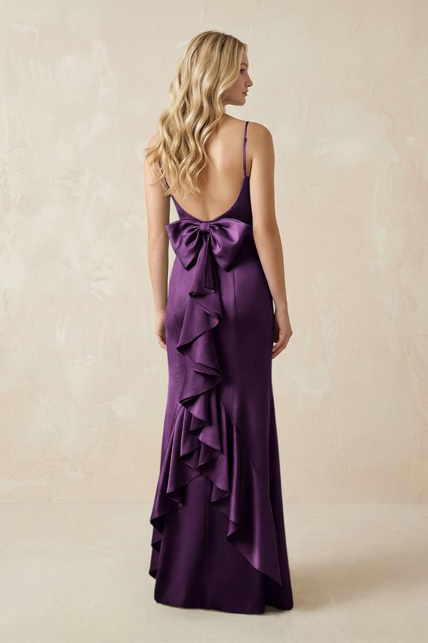 Cami Strap Ruffled Satin Bridesmaid Dress With Bow in Plum - KISS BRIDAL Bridesmaid Dresses
