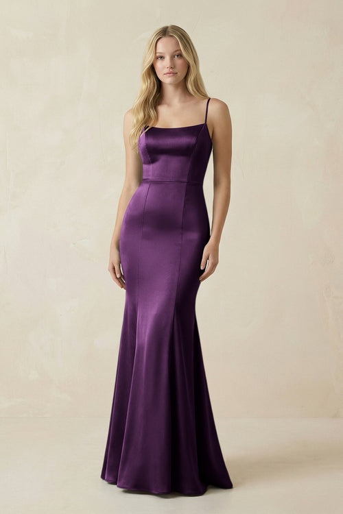 Cami Strap Ruffled Satin Bridesmaid Dress With Bow in Plum - KISS BRIDAL Bridesmaid Dresses