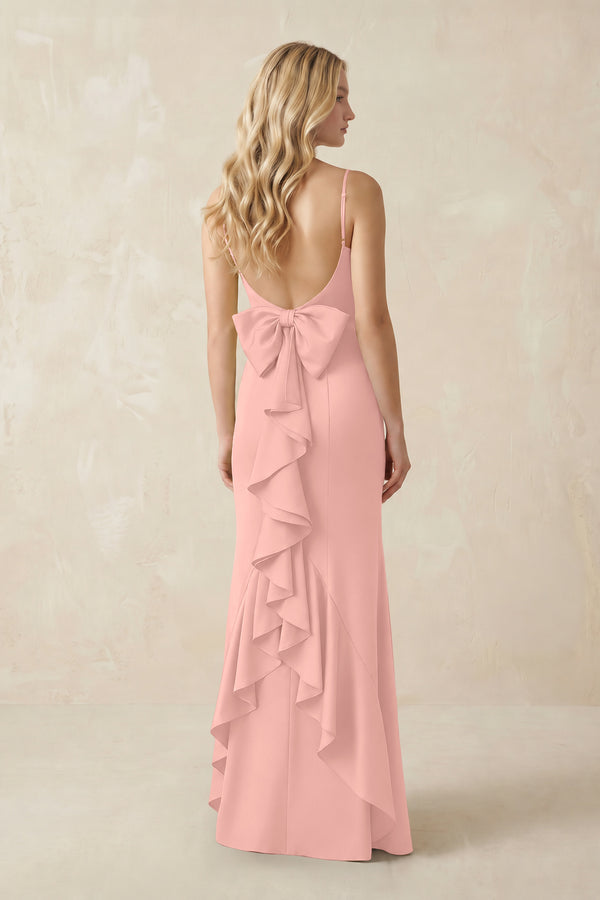 Cami Strap Ruffled Satin Bridesmaid Dress With Bow in Rose Petal (2) | KISSBRIDAL