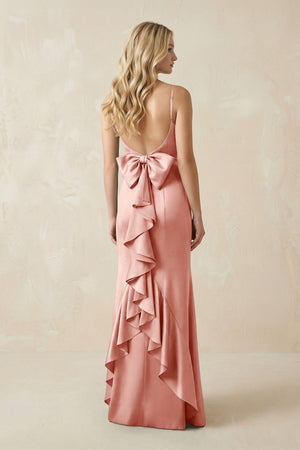 Cami Strap Ruffled Satin Bridesmaid Dress With Bow in Rose Petal - KISS BRIDAL Bridesmaid Dresses