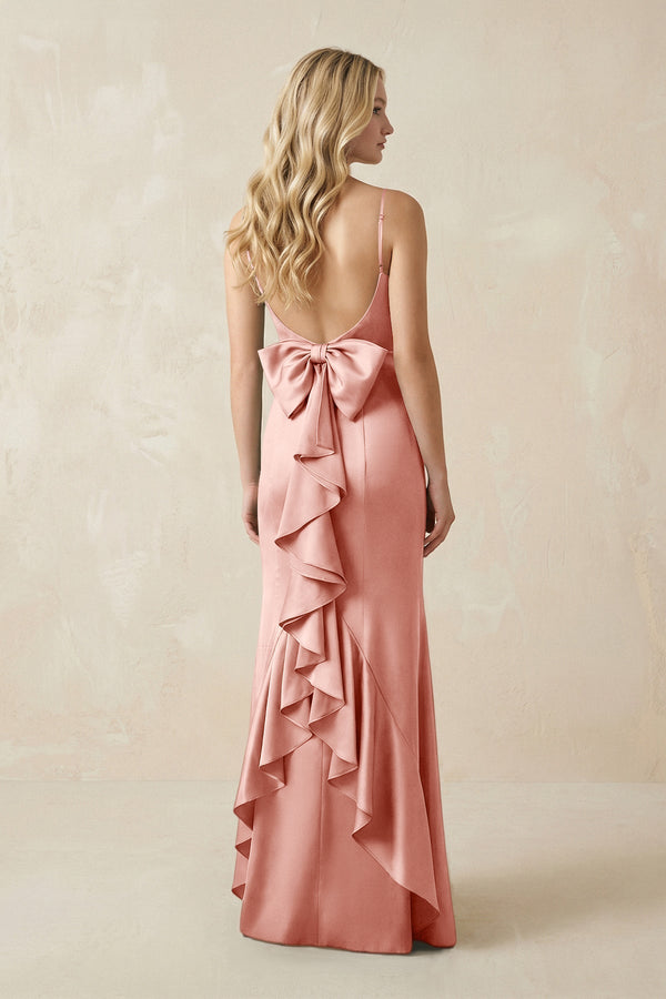 Cami Strap Ruffled Satin Bridesmaid Dress With Bow in Rose Petal - KISS BRIDAL Bridesmaid Dresses