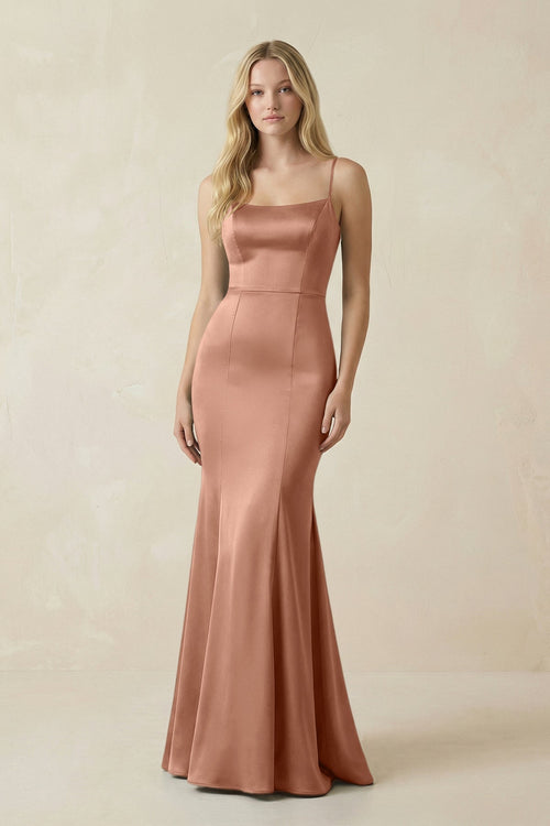 Cami Strap Ruffled Satin Bridesmaid Dress With Bow in Rosette - KISS BRIDAL Bridesmaid Dresses