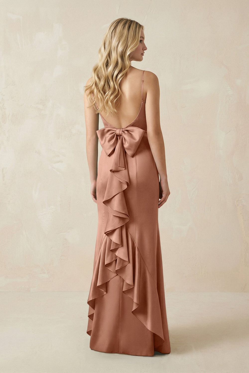 Cami Strap Ruffled Satin Bridesmaid Dress With Bow in Rosette - KISS BRIDAL Bridesmaid Dresses