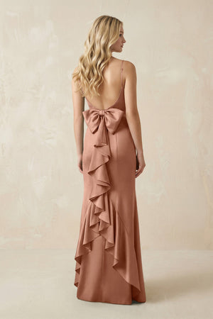 Cami Strap Ruffled Satin Bridesmaid Dress With Bow in Rosette - KISS BRIDAL Bridesmaid Dresses
