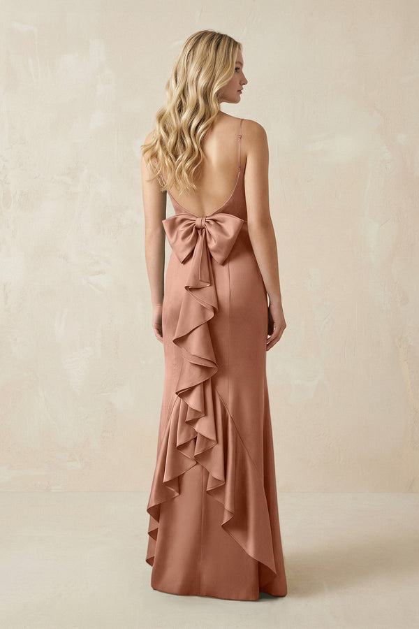 Cami Strap Ruffled Satin Bridesmaid Dress With Bow in Rosette - KISS BRIDAL Bridesmaid Dresses