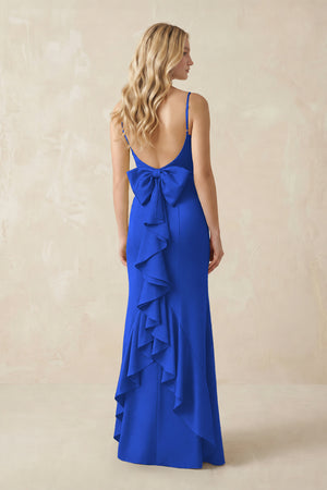 Cami Strap Ruffled Satin Bridesmaid Dress With Bow in Royal Blue (2) | KISSBRIDAL