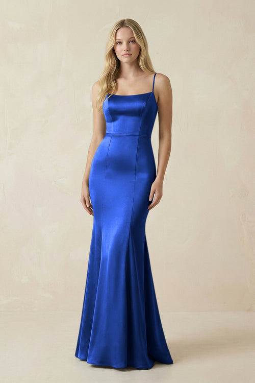 Cami Strap Ruffled Satin Bridesmaid Dress With Bow in Royal Blue - KISS BRIDAL Bridesmaid Dresses
