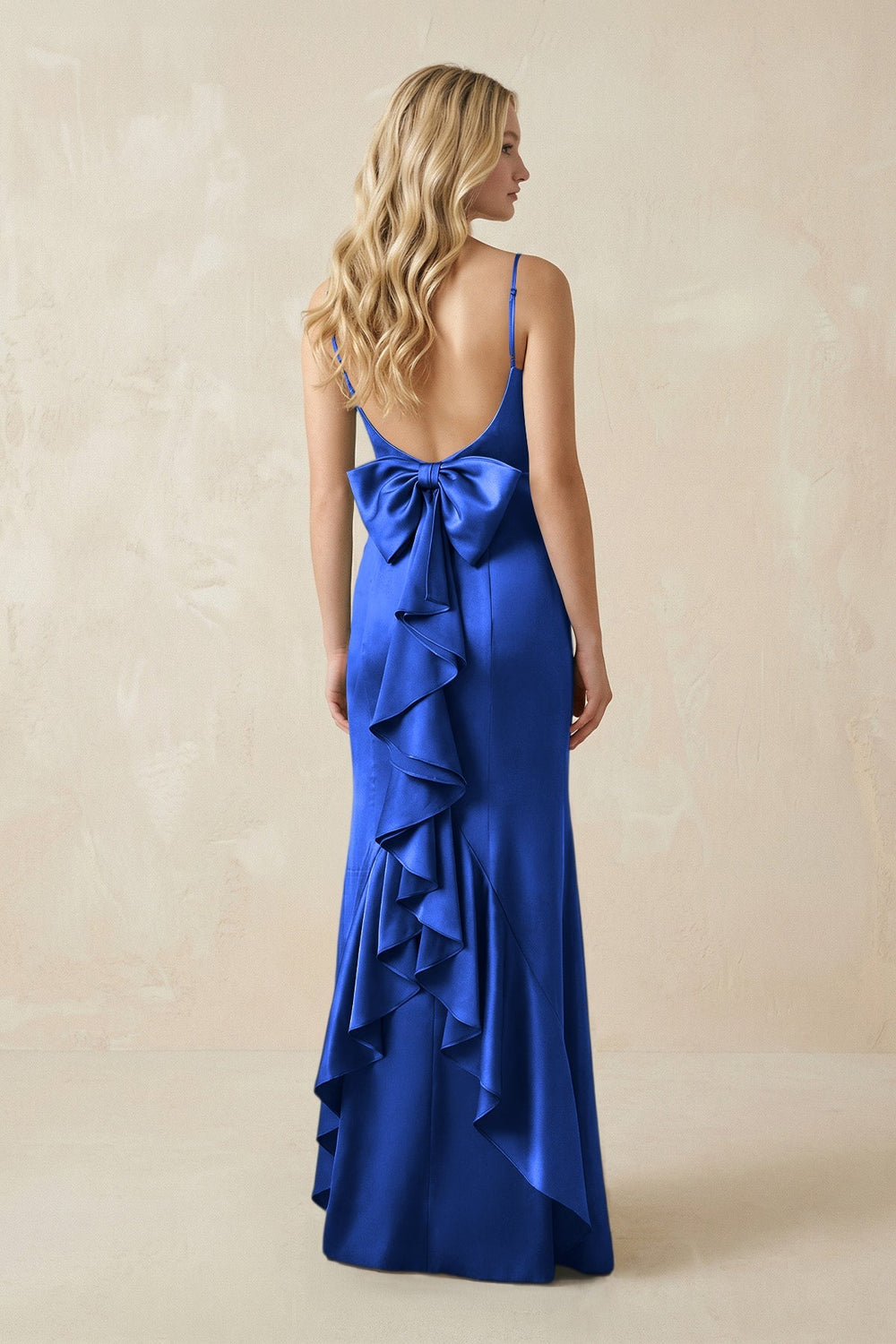 Cami Strap Ruffled Satin Bridesmaid Dress With Bow in Royal Blue - KISS BRIDAL Bridesmaid Dresses