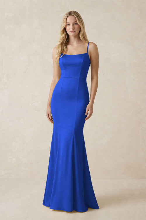 Cami Strap Ruffled Satin Bridesmaid Dress With Bow in Royal Blue | KISSBRIDAL
