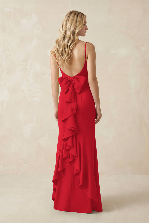 Cami Strap Ruffled Satin Bridesmaid Dress With Bow in Ruby Red (2) | KISSBRIDAL