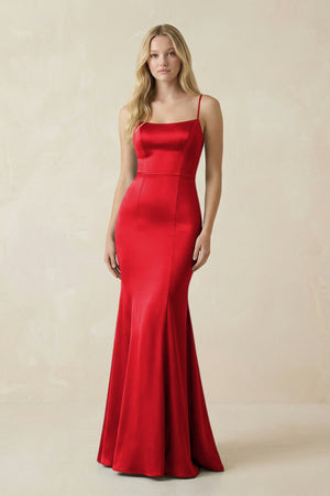 Cami Strap Ruffled Satin Bridesmaid Dress With Bow in Ruby Red - KISS BRIDAL Bridesmaid Dresses