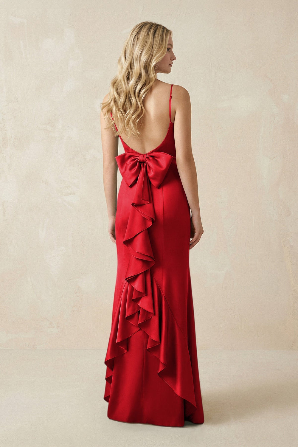 Cami Strap Ruffled Satin Bridesmaid Dress With Bow in Ruby Red - KISS BRIDAL Bridesmaid Dresses