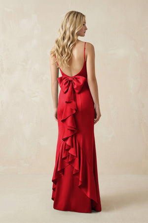 Cami Strap Ruffled Satin Bridesmaid Dress With Bow in Ruby Red - KISS BRIDAL Bridesmaid Dresses