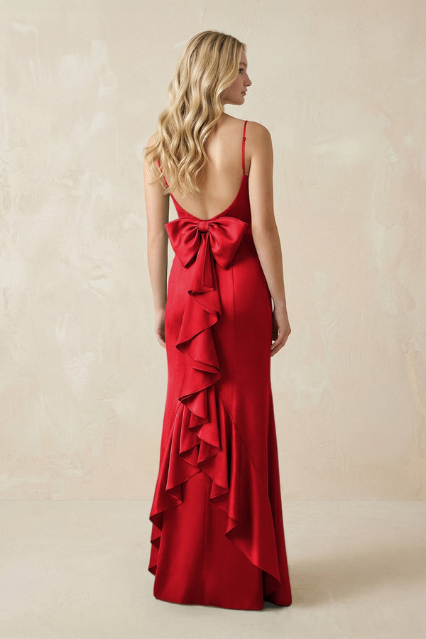 Cami Strap Ruffled Satin Bridesmaid Dress With Bow in Ruby Red - KISS BRIDAL Bridesmaid Dresses