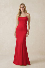 Cami Strap Ruffled Satin Bridesmaid Dress With Bow in Ruby Red | KISSBRIDAL