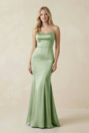 Cami Strap Ruffled Satin Bridesmaid Dress With Bow in Sage - KISS BRIDAL Bridesmaid Dresses