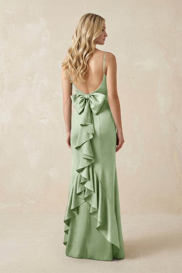 Cami Strap Ruffled Satin Bridesmaid Dress With Bow in Sage - KISS BRIDAL Bridesmaid Dresses
