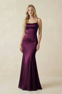 Cami Strap Ruffled Satin Bridesmaid Dress With Bow in Sangria - KISS BRIDAL Bridesmaid Dresses