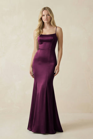 Cami Strap Ruffled Satin Bridesmaid Dress With Bow in Sangria - KISS BRIDAL Bridesmaid Dresses