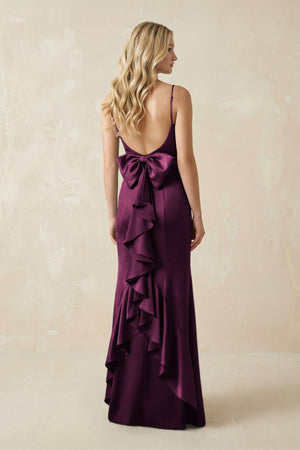 Cami Strap Ruffled Satin Bridesmaid Dress With Bow in Sangria - KISS BRIDAL Bridesmaid Dresses