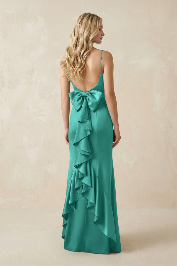 Cami Strap Ruffled Satin Bridesmaid Dress With Bow in Sea Glass - KISS BRIDAL Bridesmaid Dresses
