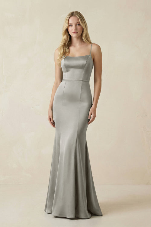 Cami Strap Ruffled Satin Bridesmaid Dress With Bow in Silver - KISS BRIDAL Bridesmaid Dresses