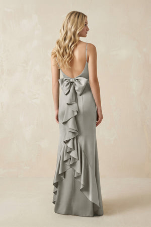 Cami Strap Ruffled Satin Bridesmaid Dress With Bow in Silver - KISS BRIDAL Bridesmaid Dresses