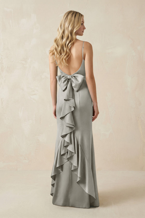 Cami Strap Ruffled Satin Bridesmaid Dress With Bow in Silver - KISS BRIDAL Bridesmaid Dresses