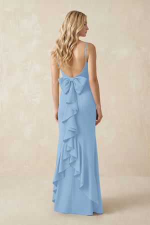 Cami Strap Ruffled Satin Bridesmaid Dress With Bow in Sky Blue (2) | KISSBRIDAL