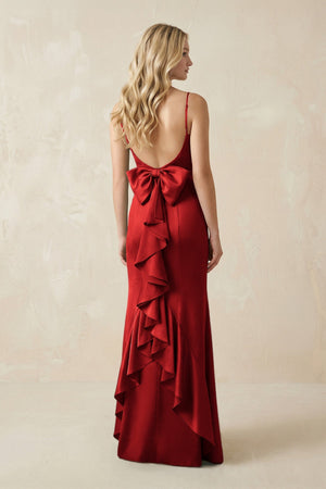 Cami Strap Ruffled Satin Bridesmaid Dress With Bow in Spice - KISS BRIDAL Bridesmaid Dresses