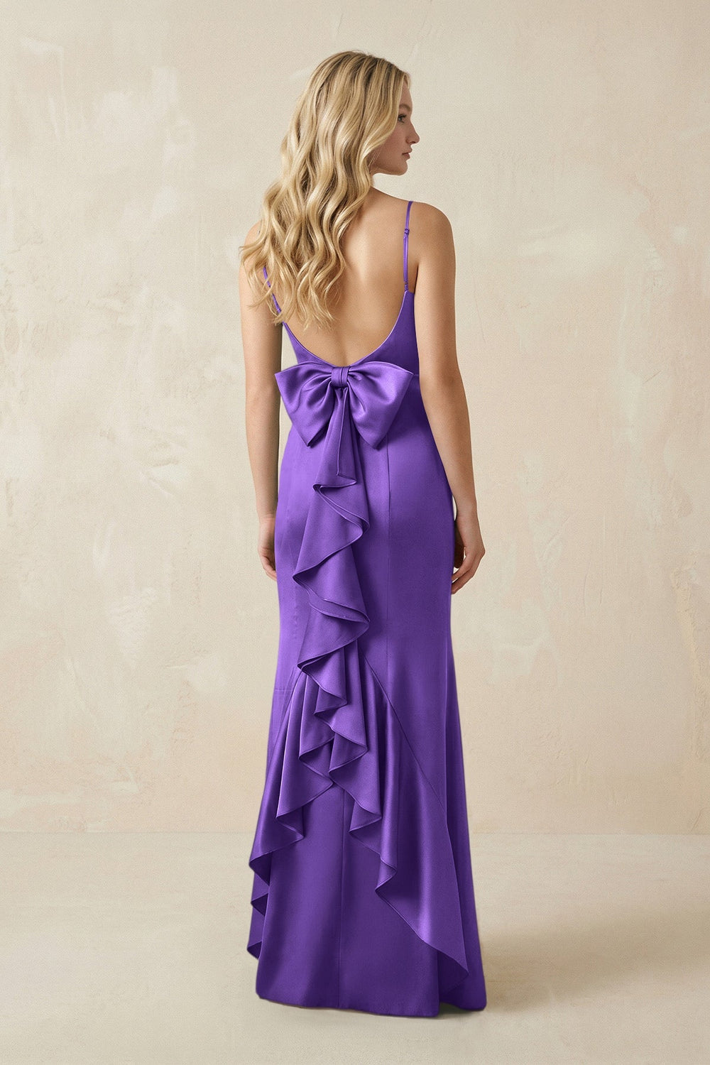 Cami Strap Ruffled Satin Bridesmaid Dress With Bow in Tahiti - KISS BRIDAL Bridesmaid Dresses