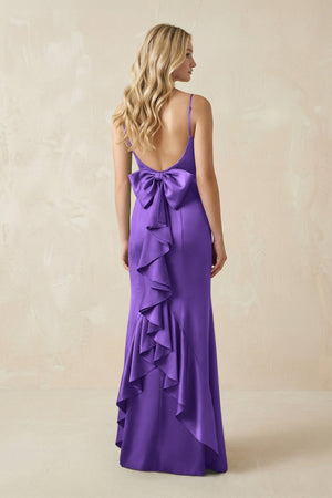 Cami Strap Ruffled Satin Bridesmaid Dress With Bow in Tahiti - KISS BRIDAL Bridesmaid Dresses