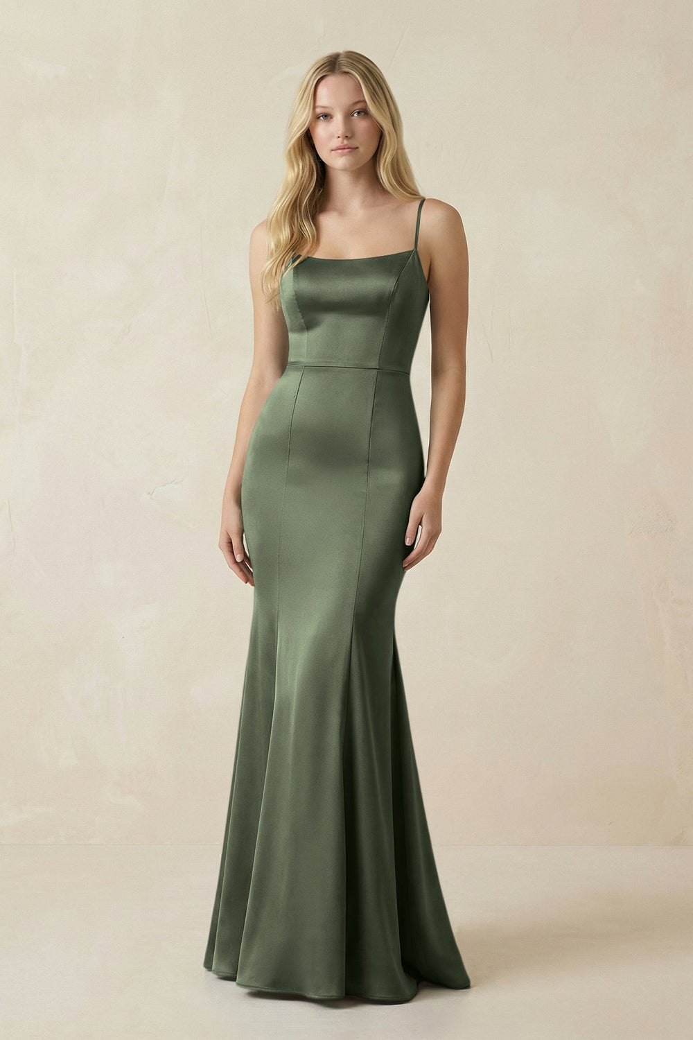 Cami Strap Ruffled Satin Bridesmaid Dress With Bow in Thyme - KISS BRIDAL Bridesmaid Dresses