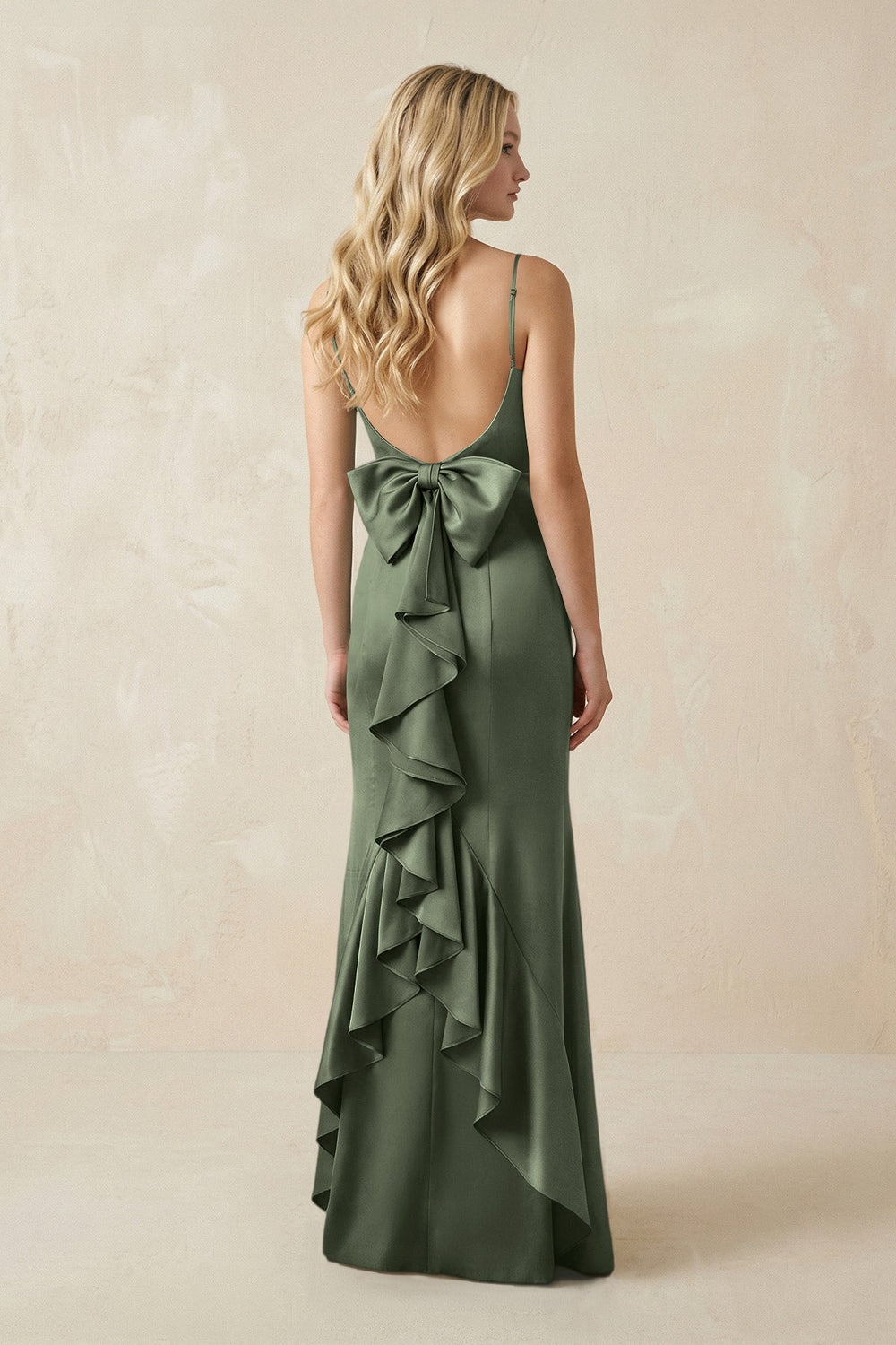 Cami Strap Ruffled Satin Bridesmaid Dress With Bow in Thyme - KISS BRIDAL Bridesmaid Dresses
