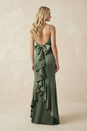 Cami Strap Ruffled Satin Bridesmaid Dress With Bow in Thyme - KISS BRIDAL Bridesmaid Dresses