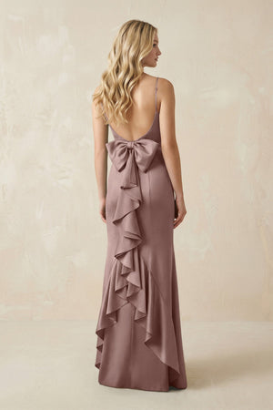 Cami Strap Ruffled Satin Bridesmaid Dress With Bow in Toffee - KISS BRIDAL Bridesmaid Dresses