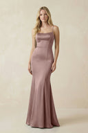 Cami Strap Ruffled Satin Bridesmaid Dress With Bow in Toffee - KISS BRIDAL Bridesmaid Dresses