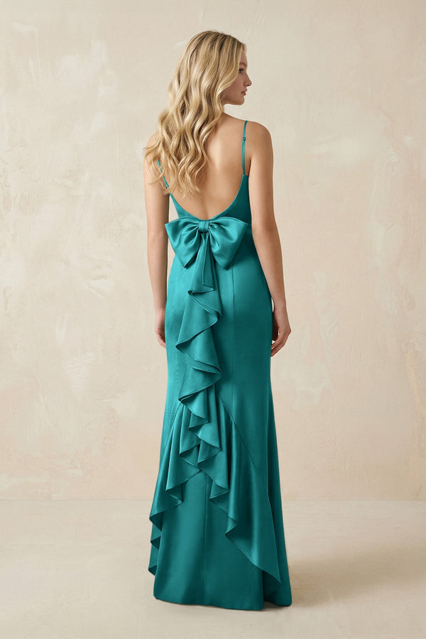 Cami Strap Ruffled Satin Bridesmaid Dress With Bow in Turquoise - KISS BRIDAL Bridesmaid Dresses