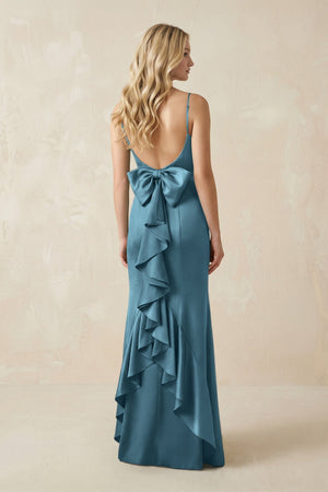 Cami Strap Ruffled Satin Bridesmaid Dress With Bow in Twilight - KISS BRIDAL Bridesmaid Dresses