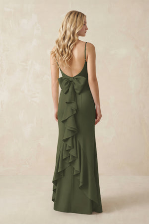 Cami Strap Ruffled Satin Bridesmaid Dress With Bow in Willow Green (2) | KISSBRIDAL