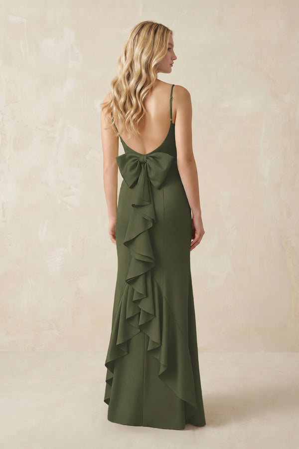 Cami Strap Ruffled Satin Bridesmaid Dress With Bow in Willow Green (2) | KISSBRIDAL