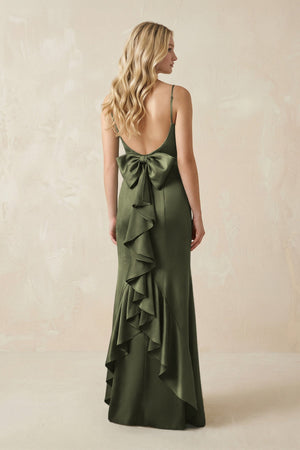 Cami Strap Ruffled Satin Bridesmaid Dress With Bow in Willow Green - KISS BRIDAL Bridesmaid Dresses